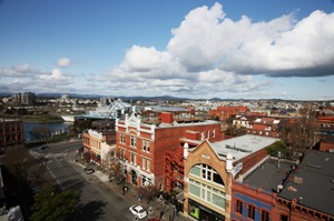 Rooftop photo of downtown Victoria BC in spring, facing Wharf St.