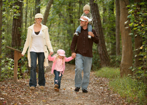 A family of four with two young children, taking a walk through the woods.