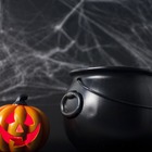 Small toy electric jack o' lantern and plastic cauldron with spiderweb backdrop