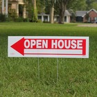 Open house sign on a quiet street. Photo credit to Agover on Pixabay.